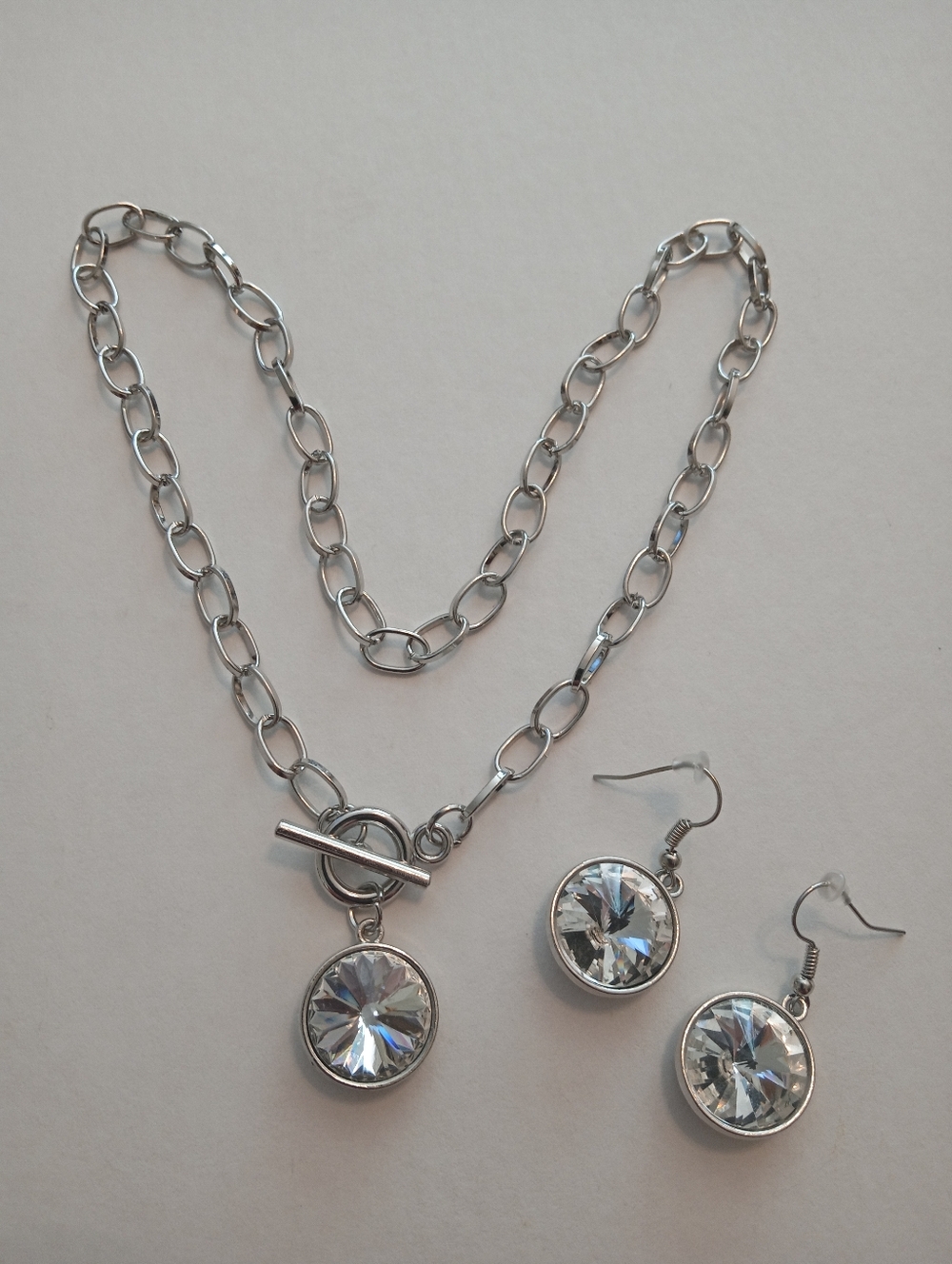 #1217. Silver Toned & Clear Glass Rhinestone, Toggle Necklace & Earring Set